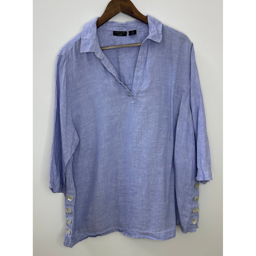 Tahari 100% Linen Pullover Short Sleeve Top Plus Size 1X Coastal Resort Vacay - Picture 6 of 6